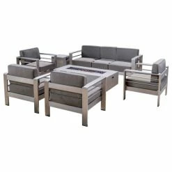Best deal ⌛ GDFStudio GDF Studio Coral Bay Outdoor Aluminum 7 Seater Chat Set With Fire Pit, Light Gra 🧨