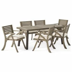 Outlet 💯 GDFStudio GDF Studio 7-Piece George Outdoor Acacia Wood Dining Set, Gray Finish/Cream 🛒