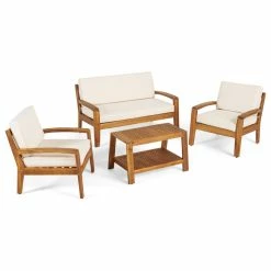 Best deal 🧨 GDFStudio GDF Studio 4-Piece Parma Outdoor Wood Chat Set, Beige 🔔