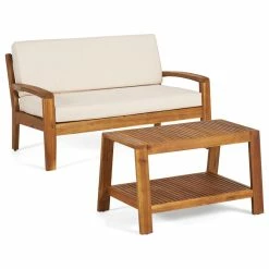 New ⌛ GDFStudio GDF Studio Christian Outdoor Acacia Wood Loveseat/Coffee Set, Teak Finish/Beige ✔️