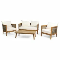 Coupon 🎁 GDFStudio Alden Outdoor Acacia Wood 4-Seater Chat Set With Cushions 🔔