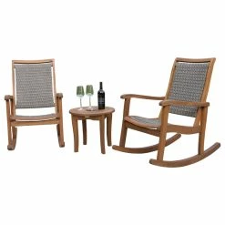 Wholesale 😀 Outdoor Interiors 3-Piece Eucalyptus/Driftwood Gray Wicker Rocking Chair Set, Round Accent Table ✔️