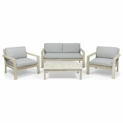 Cheap 🛒 GDFStudio Dominic Outdoor 4 Seater Acacia Wood Chat Set With Cushions, Light Gray 🎁