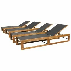 Hot Sale 🎁 GDFStudio Leavitt Outdoor Mesh And Wood Adjustable Chaise Lounges, Set Of 4 🎉