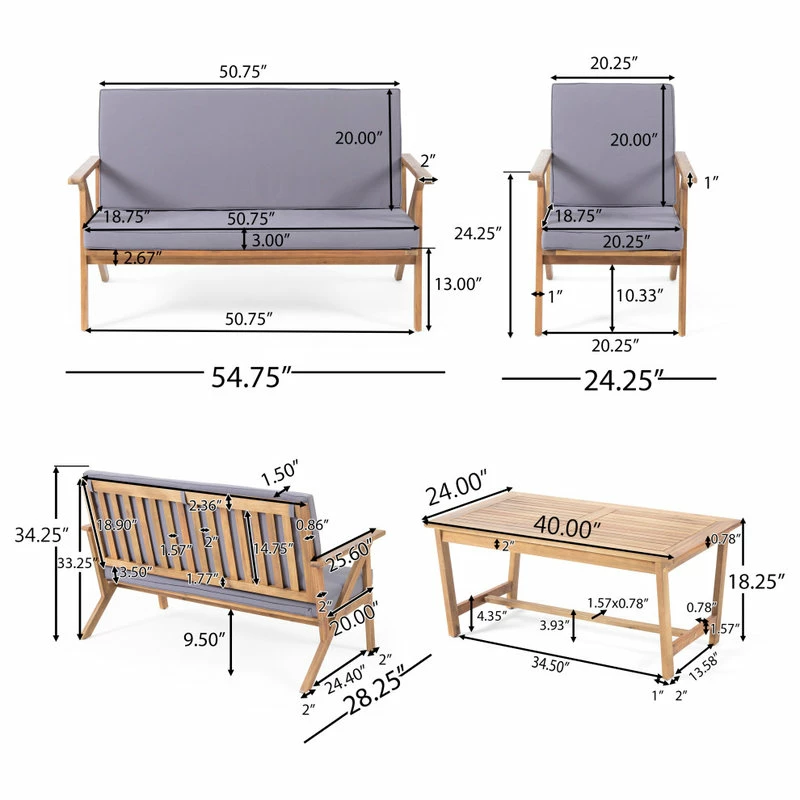 Flash Sale ✨ GDFStudio GDF Studio 4-Piece Manarola Outdoor Natural Wood Finish Chat Set With Cushions 👏 - Image 3