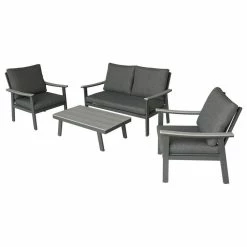 Best Pirce 👏 GDFStudio Agnes Outdoor 4-Piece Aluminum, Faux Wood Chat Set, Gray, Dark Gray 🥰
