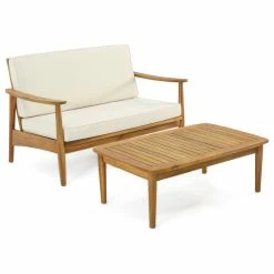 Best deal 🎁 GDFStudio Wells Outdoor Acacia Wood Loveseat Set With Coffee Table, Teak Finish, Beige 🔔