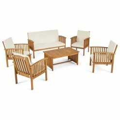 Best Pirce 🥰 GDFStudio GDF Studio Parry Outdoor 6-Seater Acacia Wood Chat Set, Brown Patina Cream 🛒
