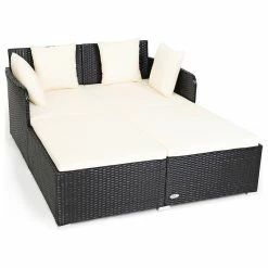 Outlet ⌛ Costway Outdoor Patio Rattan Daybed Pillows Cushioned Sofa Furniture Biege 🎉