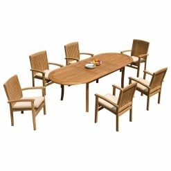 Brand new ⌛ Teak Deals 7-Piece Teak Dining Set 94" Oval Extension Table, 6 Wave Stacking Arm Chairs 😀