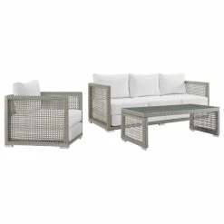 Brand new ๐งจ LexMod Aura 3 Piece Outdoor Patio Wicker Rattan Set, Gray White ๐ฏ