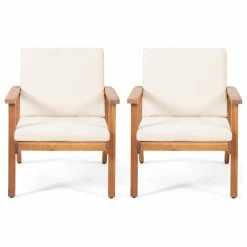 New 🔥 GDFStudio Temecula Outdoor Acacia Wood Chairs With Cushions, Set Of 2, Brown Patina, Cream 🔥