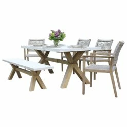 Hot Sale 💯 Outdoor Interiors 6-Piece Ivory Composite And Eucalyptus Wash Dining Set With Bench 😉