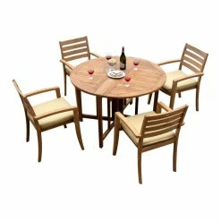 Buy 🤩 Teak Deals 5-Piece Dining Set, 48" Round Butterfly Table, 4 Travota Stacking Arm Chairs ⌛