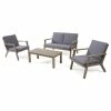 Best deal ❤️ GDFStudio Temecula Outdoor Acacia Wood 4 Seat Chat Set With Cushions, Gray Finish And Dark 🧨