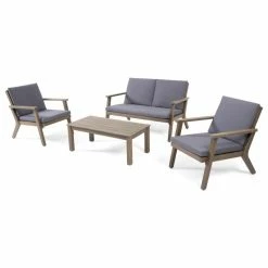 Best deal ❤️ GDFStudio Temecula Outdoor Acacia Wood 4 Seat Chat Set With Cushions, Gray Finish And Dark 🧨