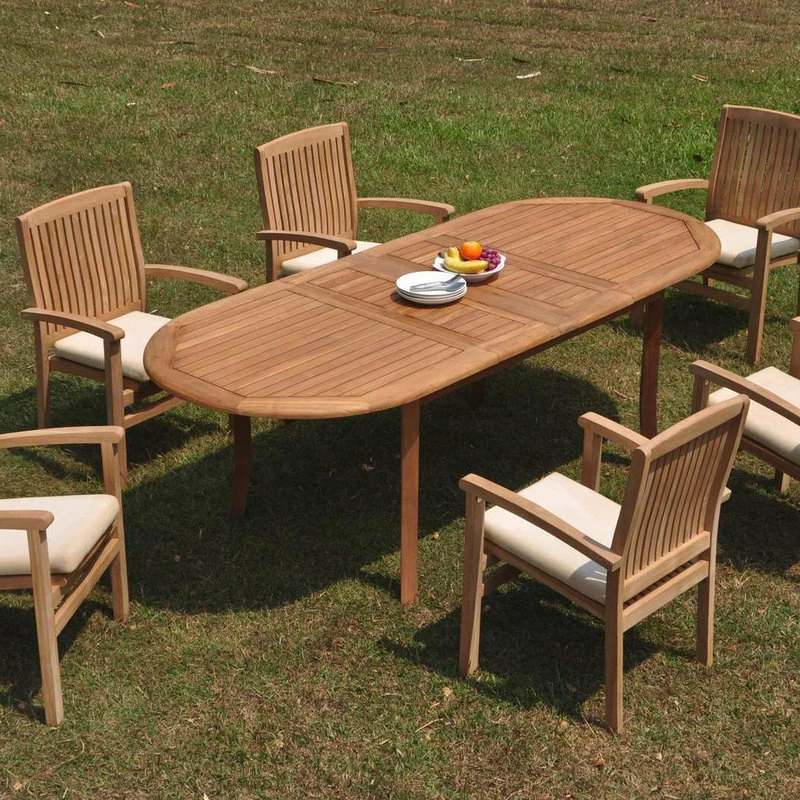 Brand new ⌛ Teak Deals 7-Piece Teak Dining Set 94" Oval Extension Table, 6 Wave Stacking Arm Chairs 😀 - Image 10