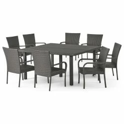 Best deal 🛒 GDFStudio GDF Studio 9-Piece Fern Outdoor Stacking Wicker Square Dining Set, Gray 👏