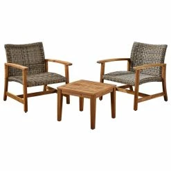 Best deal 🧨 GDFStudio Alyssa Outdoor 3-Piece Wood And Wicker Club Chairs And Side Table Set, Gray/Natu 🌟