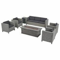 Budget ✔️ GDFStudio Simona Outdoor 7 Seater Wicker Set With Fire Pit, Mix Black/Dark Gray/Gray 😀