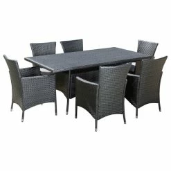 Hot Sale ⌛ GDFStudio Macalla Outdoor 7 Piece Wicker Dining Set With Water-Resistant Cushions 👏