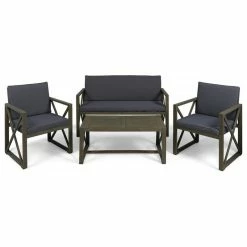 Budget 🎉 GDFStudio GDF Studio 4-Piece Penny Outdoor Acacia Wood Chat Set With Cushions, Gray Finish 🔥