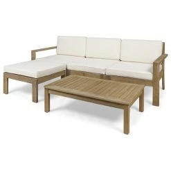 Cheap 🧨 GDFStudio Makayla Ana Outdoor 3 Seater Acacia Wood Sofa Sectional With Cushions, Cream 👏