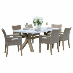 Discount 👍 Outdoor Interiors 7-Piece Ivory Composite, Wheat Wicker And Eucalyptus Wash Rectangle Dining Set ✨