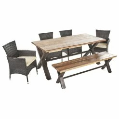 Buy 😀 GDFStudio GDF Studio 6-Piece Trellis Outdoor Wood Dining Set With Wicker Dining Chairs 🧨