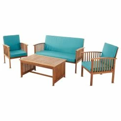 Outlet 🛒 GDFStudio GDF Studio 4-Piece Cape Town Outdoor Acacia Wood Sofa Set, Teal 😍