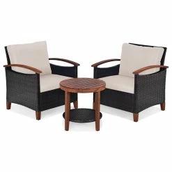 Outlet 🛒 Costway 3PCS Patio Rattan Furniture Set Wooden Frame Cushion Table Shelf Beige ✔️