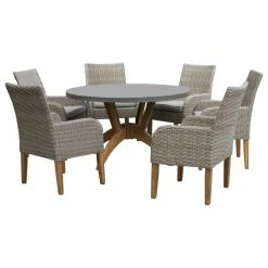 Flash Sale 😍 Outdoor Interiors 7-Piece Nautical Teak, Ash Gray Wicker And Composite Round Dining Set, Sunbrella 😉