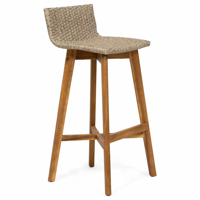 New 🎁 GDFStudio Jessie Outdoor Wood And Wicker Barstool, Set Of 4, Light Brown, Teak Finish 🔔 - Image 5