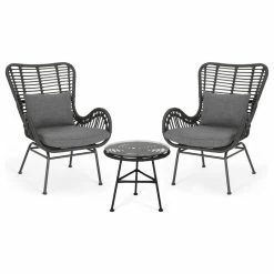 Hot Sale ⌛ GDFStudio Naomi Outdoor 3-Piece Wicker Chat Set With Cushions, Gray/Black/Dark Gray ⭐