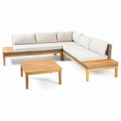 Flash Sale ✔️ GDFStudio Samuel Outdoor Acacia Wood And Wicker 5 Seater Sectional Sofa Set, Teak/Light Kh 😍