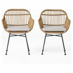 Best Sale 👏 GDFStudio Rodney Outdoor Woven Faux Rattan Chairs With Cushions, Set Of 2, Light Brown, Be ⭐