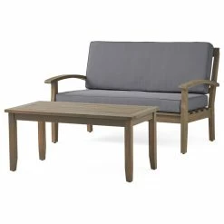 New ⌛ GDFStudio GDF Studio Preston Outdoor Acacia Wood Loveseat And Coffee Table, Gray/Dark Gray 🌟