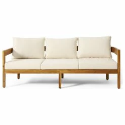 Discount 🌟 GDFStudio Brooklyn Outdoor Acacia Wood 3 Seater Sofa With Cushions, Teak And Beige 🛒