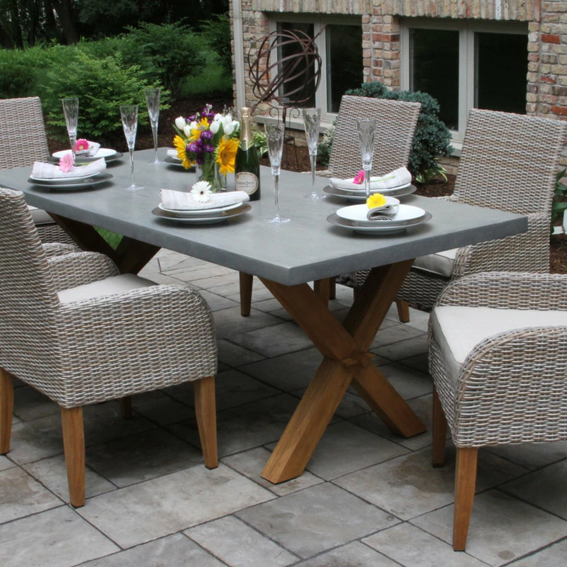 New 🤩 Outdoor Interiors 7-Piece Teak And Ash Gray Wicker Dining Set With Composite Top And Trestle Base 🧨 - Image 2