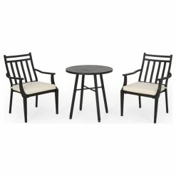 Best Sale 😀 GDFStudio Demi Outdoor 3 Piece Bistro Set With Cushions, Matte Black/Beige 🛒