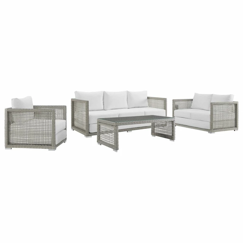 Best Pirce ๐ LexMod Aura 4 Piece Outdoor Patio Wicker Rattan Set, Gray White โจ - Image 9