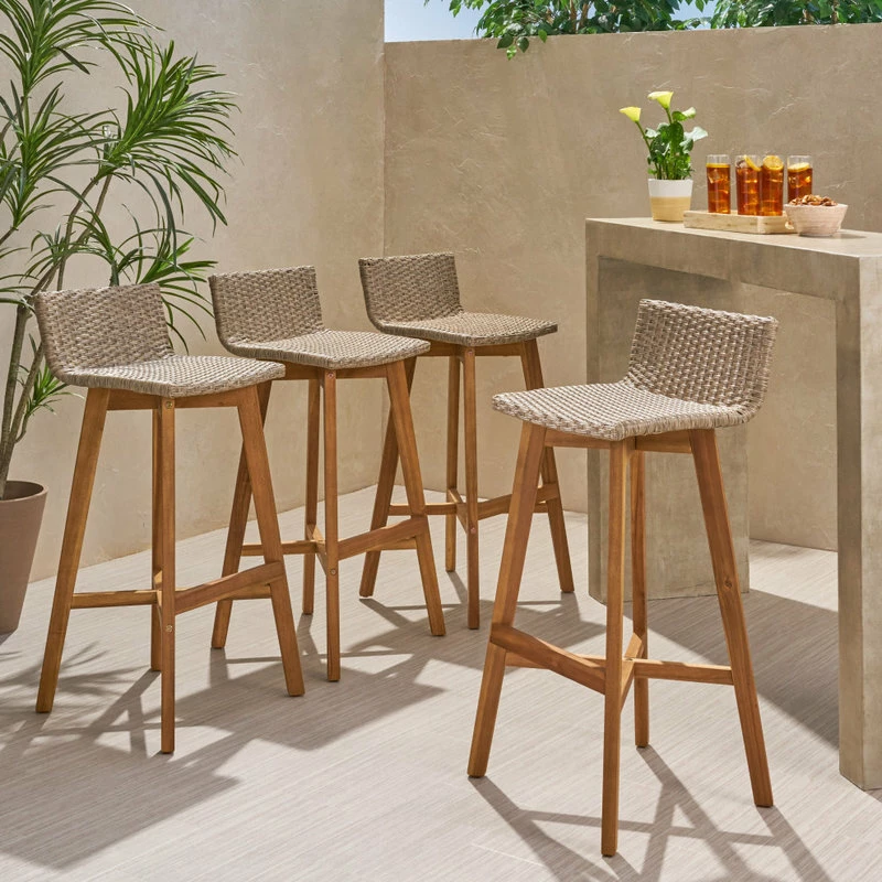 New 🎁 GDFStudio Jessie Outdoor Wood And Wicker Barstool, Set Of 4, Light Brown, Teak Finish 🔔 - Image 2