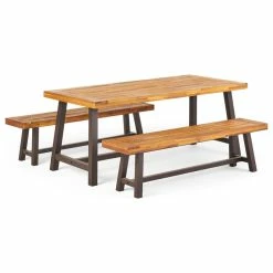 Discount 💯 GDFStudio Carlisle Outdoor 3 Piece Acacia Wood Picnic Dining Set With Benches 👍