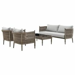 New 😉 Armen Living Safari 4-Piece Outdoor Aluminum And Rope Seating Set With Beige Cushions ⌛