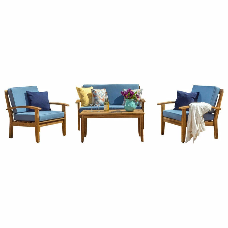 Hot Sale 👏 GDFStudio GDF Studio 4-Piece Peyton Acacia Wood Chat Set With Water Resistant Cushions, Bl 🌟 - Image 6