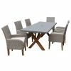 New 🤩 Outdoor Interiors 7-Piece Teak And Ash Gray Wicker Dining Set With Composite Top And Trestle Base 🧨