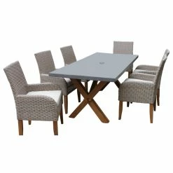 New 🤩 Outdoor Interiors 7-Piece Teak And Ash Gray Wicker Dining Set With Composite Top And Trestle Base 🧨