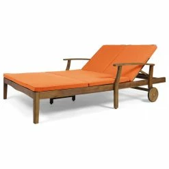 Best deal 🛒 GDFStudio GDF Studio Samantha Outdoor Acacia Wood Double Chaise Lounge, Teak Finish/Orange 🎁