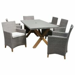 Buy 🛒 Outdoor Interiors 7-Piece Teak And Driftwood Gray Wicker Dining Set, Composite Top/Trestle Base 🛒