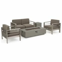 Brand new 🛒 GDFStudio Coral Bay Outdoor Aluminum Khaki Chat Set With Fire Table, Light Gray ⌛